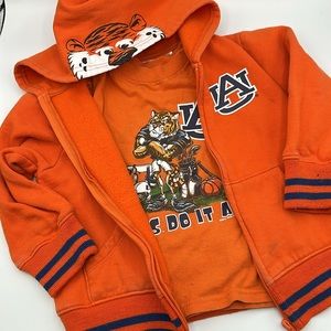 🐯 3T Auburn Vintage Hoodie & short sleeve T-shirt Orange Pockets Aubie Kids